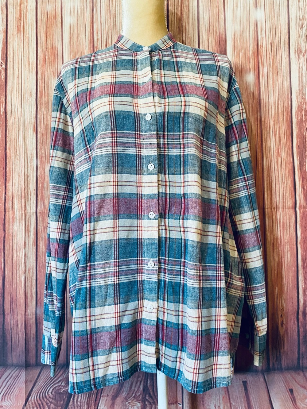 Women’s XL Blouse Chaps Button Down Multicolored Linen Blend Long Sleeves Soft